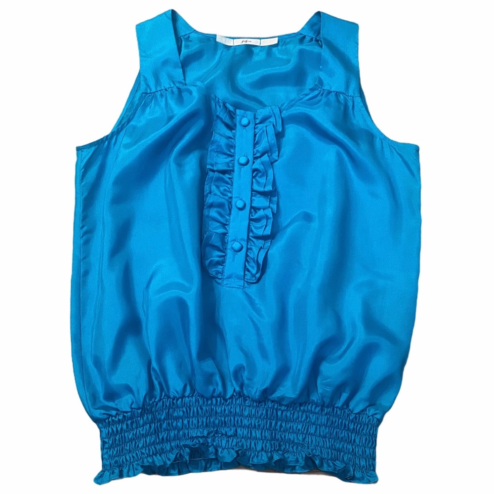 Gibson 100% Silk Sleeveless Blouse in Bright Blue with Ruffle Front , Medium